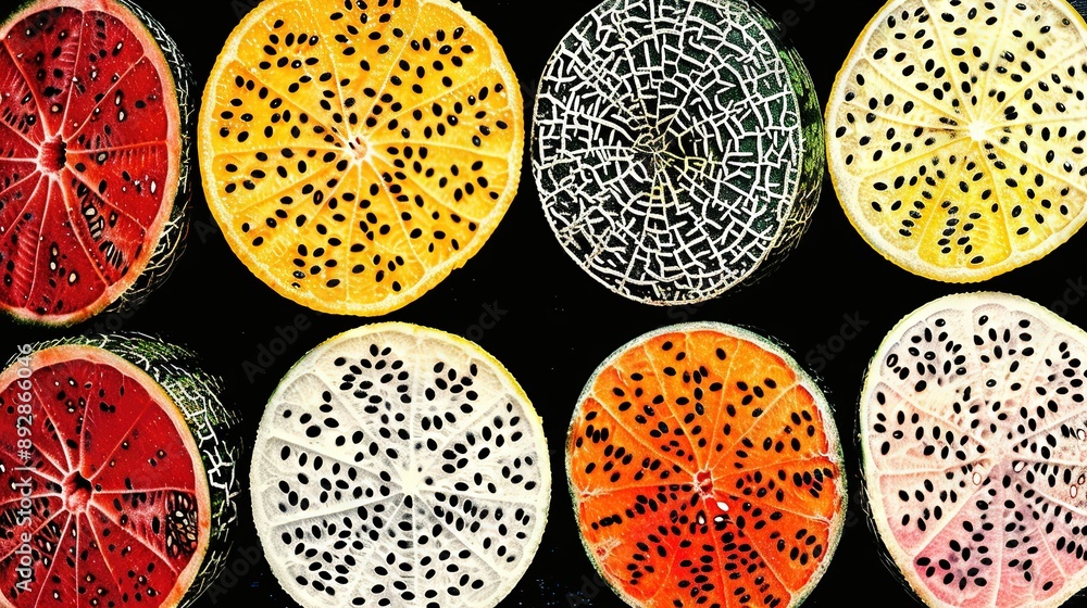 Poster arrangement of assorted sliced fruits placed on a dark background with circular indentations in each