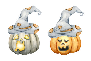 Halloween Phantom, Jack O'Lantern. There is also a lantern type. Watercolor illustration. Glowing pumpkins and a burning lantern. Holiday attribute.1.