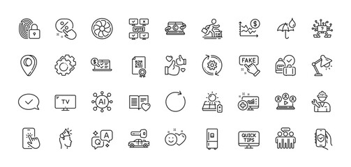Copywriting notebook, Video conference and Discount button line icons pack. AI, Question and Answer, Map pin icons. Car rental, Security app, Cogwheel web icon. Vector