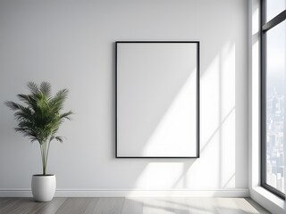 Fototapeta premium a plant in the corner and an empty black frame mockup