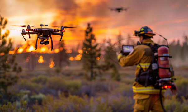 A firefighter uses a drone to survey a wildfire. AI.