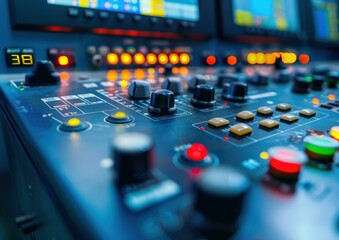A close-up of a control panel with buttons and knobs. AI.