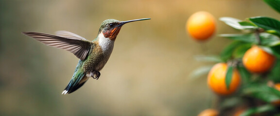 Fototapeta premium Hummingbird near an orange tree. Flight of a hummingbird. Nature banner