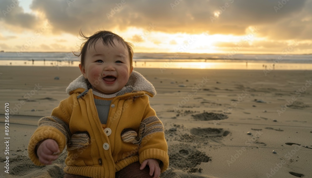 Poster A baby smiles brightly on a sandy beach at sunset. AI.