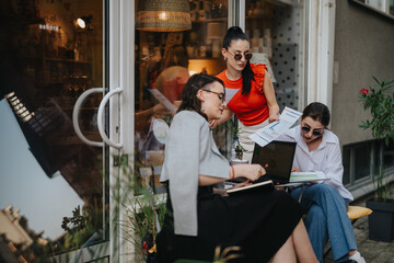Three businesswomen gather outside a cafe, engaging in a meeting with documents and laptops. They are focused on collaboration and productivity.