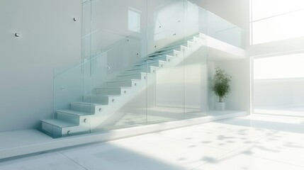 Glass stairs and fence in white interior