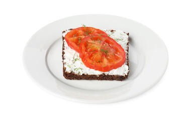 Delicious ricotta bruschetta with sliced tomatoes and dill isolated on white