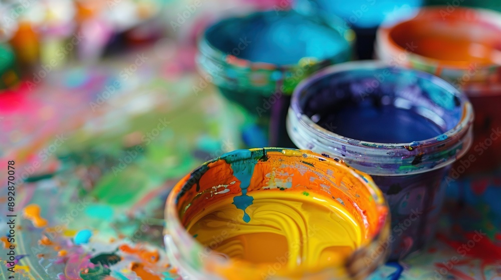 Poster a painted table with numerous colorful bucket-filled pails on top
