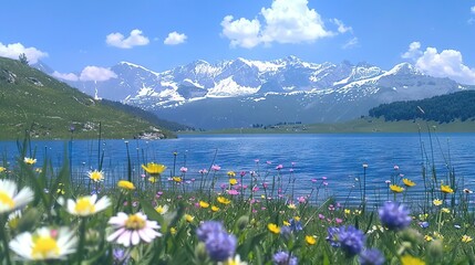   A picturesque field of wildflowers and daisies nestled by a serene lake, framed by majestic mountains in the distance