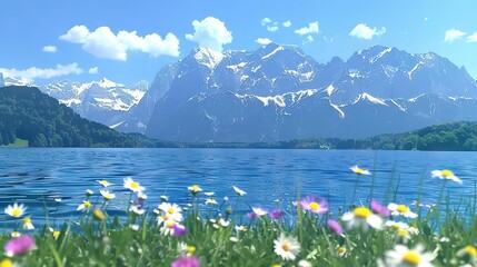   A group of flowers in the grass by a water body with mountains in the background