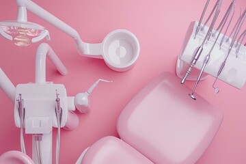 Top view of dental instruments and chair over a soft pink background