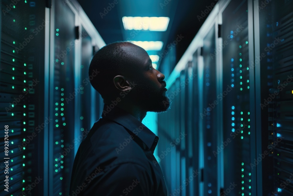 Aufkleber A person standing in front of a row of computer servers, suitable for office or technology settings