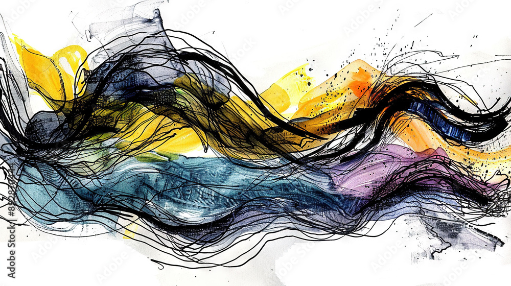 Poster a wave of colored lines on a white background with a pop of color at the base