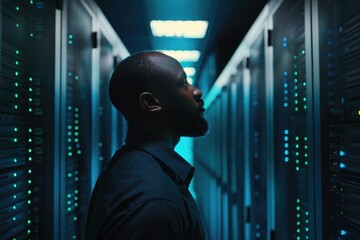 A person standing in front of a row of computer servers, suitable for office or technology settings