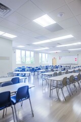 Modern empty classroom with natural light and rows of desks and chairs for students in school or educational institution.