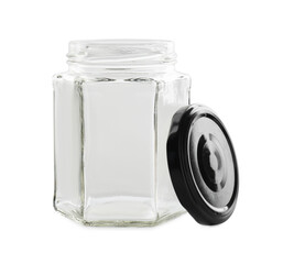 One empty glass jar isolated on white