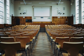Naklejka premium Empty lecture hall with wooden chairs facing large white projector screen in university classroom for educational use