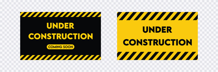Under construction site banner sign in transparent background, Coming soon vector black and yellow diagonal stripes under construction