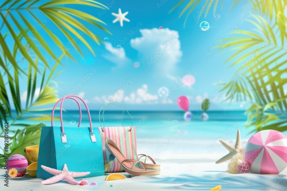 Canvas Prints A beach scene with various items scattered on the sand, ideal for use in travel or leisure advertisements