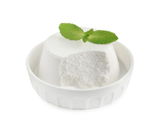 Delicious ricotta cheese and mint in bowl isolated on white