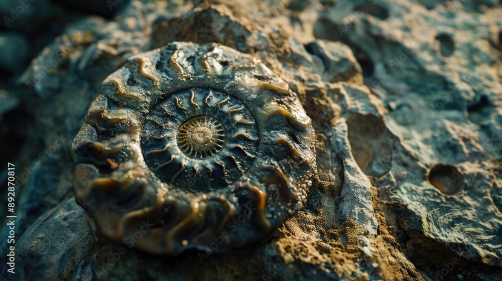 Poster a close-up of a fossil found on a rocky surface, suitable for use in educational or scientific conte