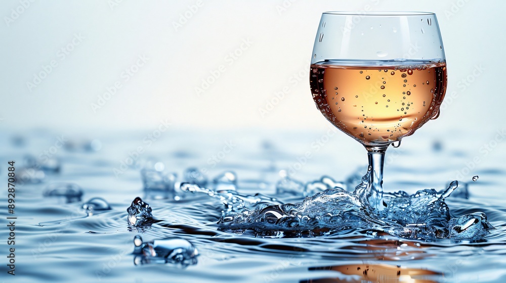 Poster a wine glass filled with rose wine appears to be splashing in water, creating a dynamic and refreshi