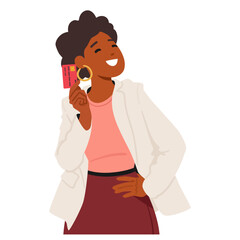 Cheerful Cartoon Woman Displays Credit Card With Confidence, Symbolizing Financial Independence And Readiness