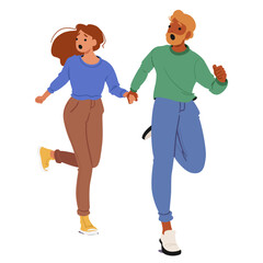 Frightened Couple Running Hand In Hand Depicting Fear And Urgency. Characters Are Animated With Expressions Of Shock