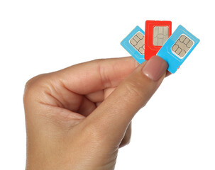 Woman with SIM cards on white background, closeup