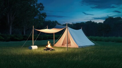A tent with a fire in the middle of it on grass, AI