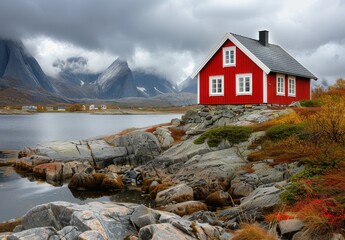 Red Cabin on Rocky Coast in Norway