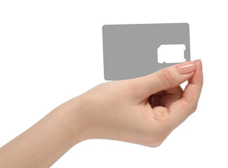 Woman holding SIM card holder on white background, closeup