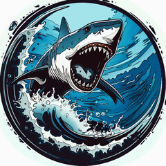 A vector logo of a shark with open jaws, symbolizing power, aggressivity, and dominance, illustrating menace and violence in an underwater, oceanic scene.