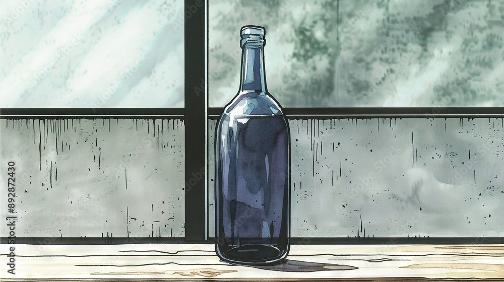 Poster a bottle resting on a window sill in front of a window with a pane behind it