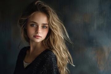 Fototapeta premium A beautiful young woman poses for a photo with her long hair, suitable for beauty and lifestyle uses