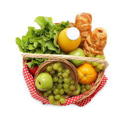 Picnic basket with checkered napkin, food and juice isolated on white, top view