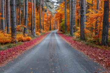 Obraz premium Autumn forest road with colorful leaves and tall trees. Scenic fall landscape background
