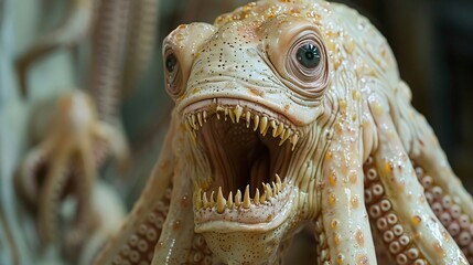 Fototapeta premium This image captures a close-up view of a fantastical octopus-like creature with an intense facial expression, featuring detailed textures and vibrant colors, evoking a sense of curiosity.