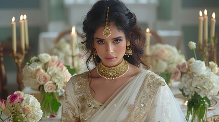 An Indian bride in a beautifully adorned sari and intricate jewelry, symbolizing cultural richness and matrimonial elegance. The backdrop of floral decorations enhances the festive and joyful atmosph