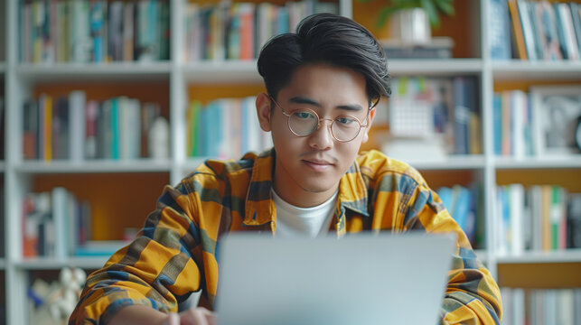 Asian student man in glasses use laptop. Remote work or home study