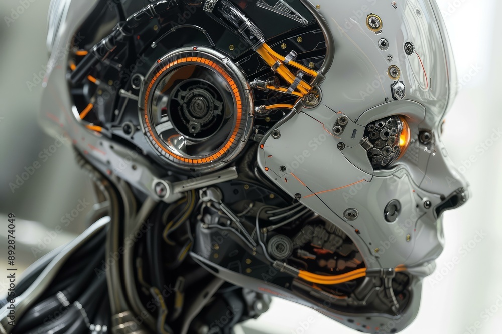 Poster detailed view of a complex robotic head with intricate wiring and mechanical parts