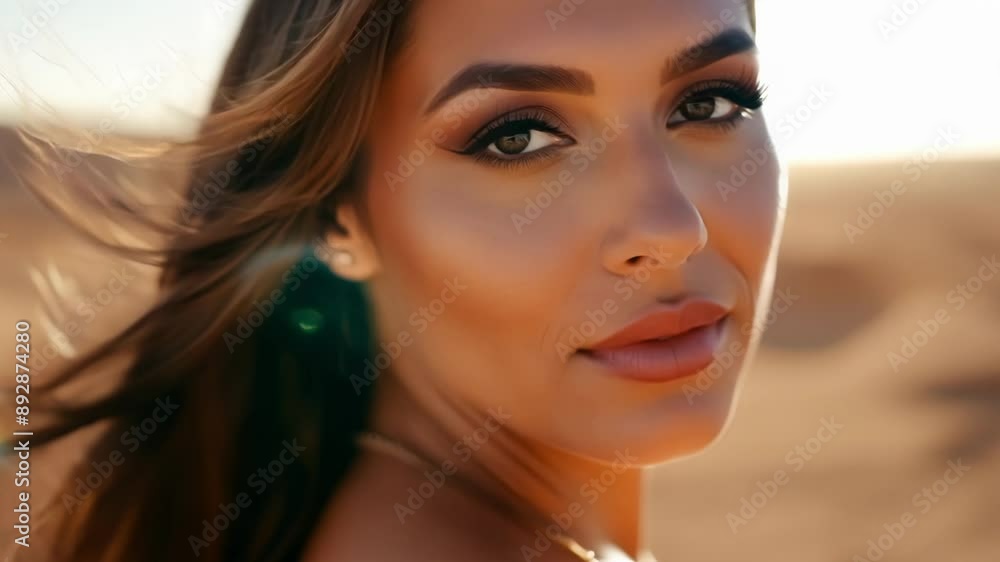 Poster the delicate features of the model captured in the dappled light of the desert creating a dreamy and
