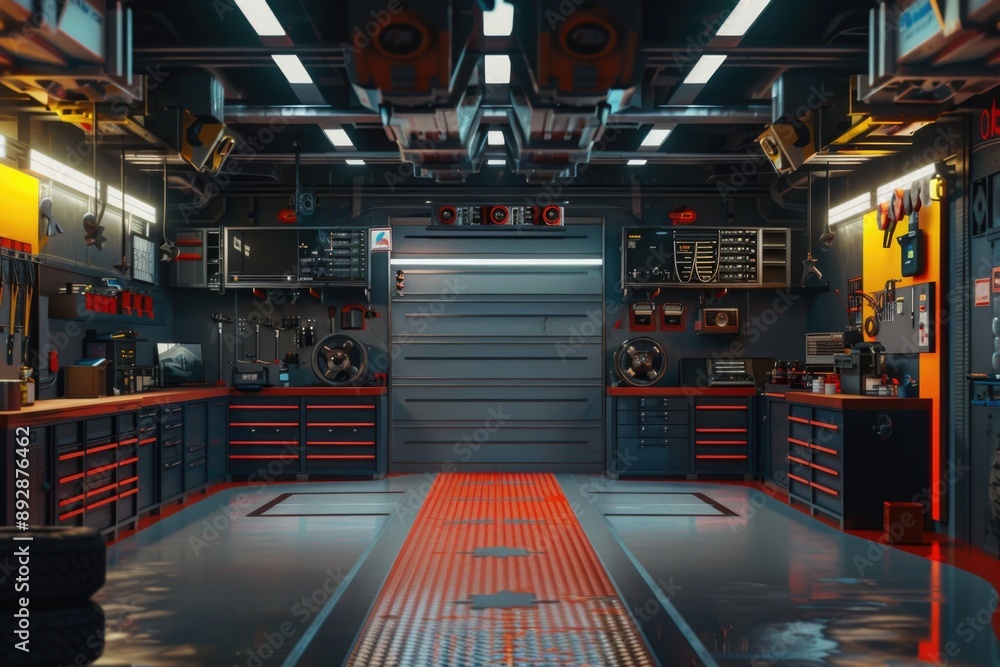 Poster a cluttered garage filled with various tools and machinery