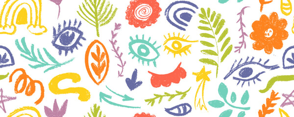 Seamless pattern organic grunge colorful  bold shapes, eye, leaves, triangle, curved lines and dots. Geometric vector collage in Memphis style.  Hand drawn geometric pattern.