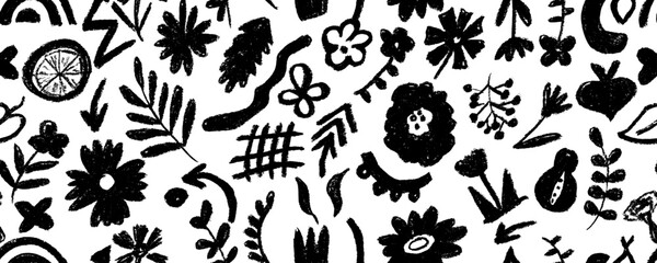 Trendy floral and geometric seamless pattern for fabric design. Flowers in Japanese style black and white texture. Summer vector illustration. Abstract grunge texture. Hand drawn brush pattern.
