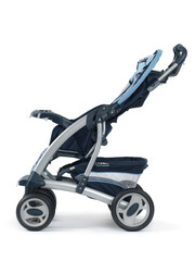 New blue baby stroller, baby carriage, isolated on white background
