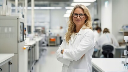 A woman in lab coat standing in a laboratory.