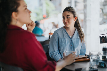 Two young business associates having a casual outdoor meeting at a cafe, engaging in conversation on a sunny day.