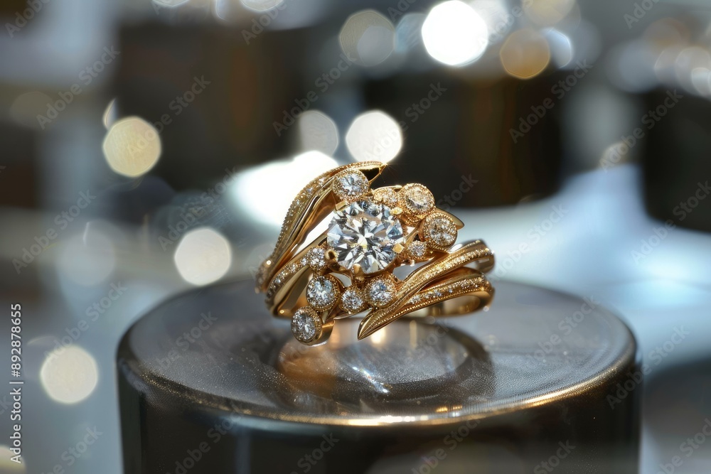 Poster luxurious diamond ring with intricate design presented on a stand with bokeh background