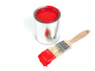 Open Can of Red Paint and a Brush isolated on white background. Paints, home renovation, painter's...